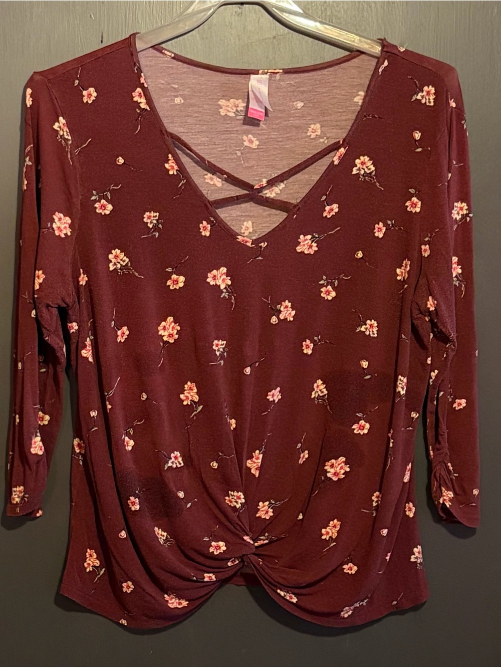 No Boundaries Maroon Floral Twist-Front V-Neck Top